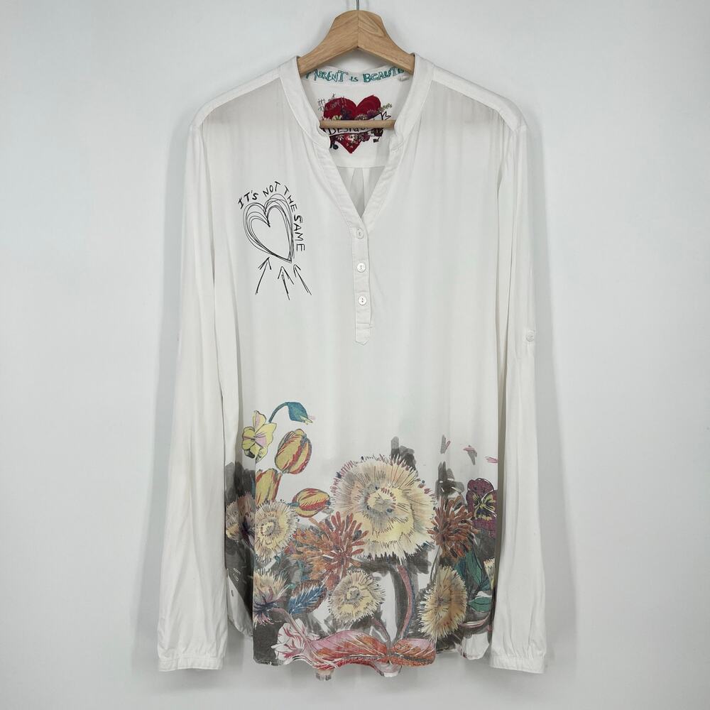 Desigual Tunic Top Women XL White Floral It's Not The Same Heart Roll Tab Sleeve